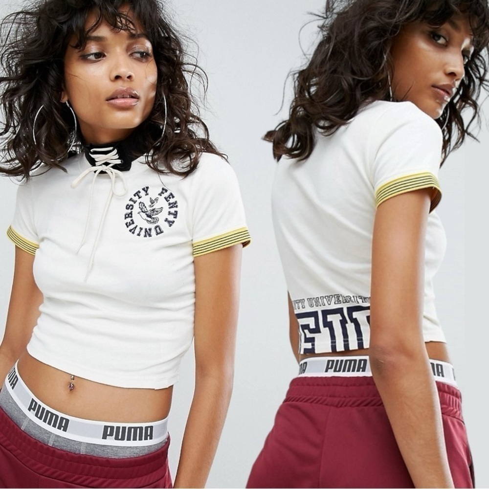 Puma X Fenty University Cropped Vintage Tee in Cream Large Rhianna Baby Tee - Picture 3 of 16